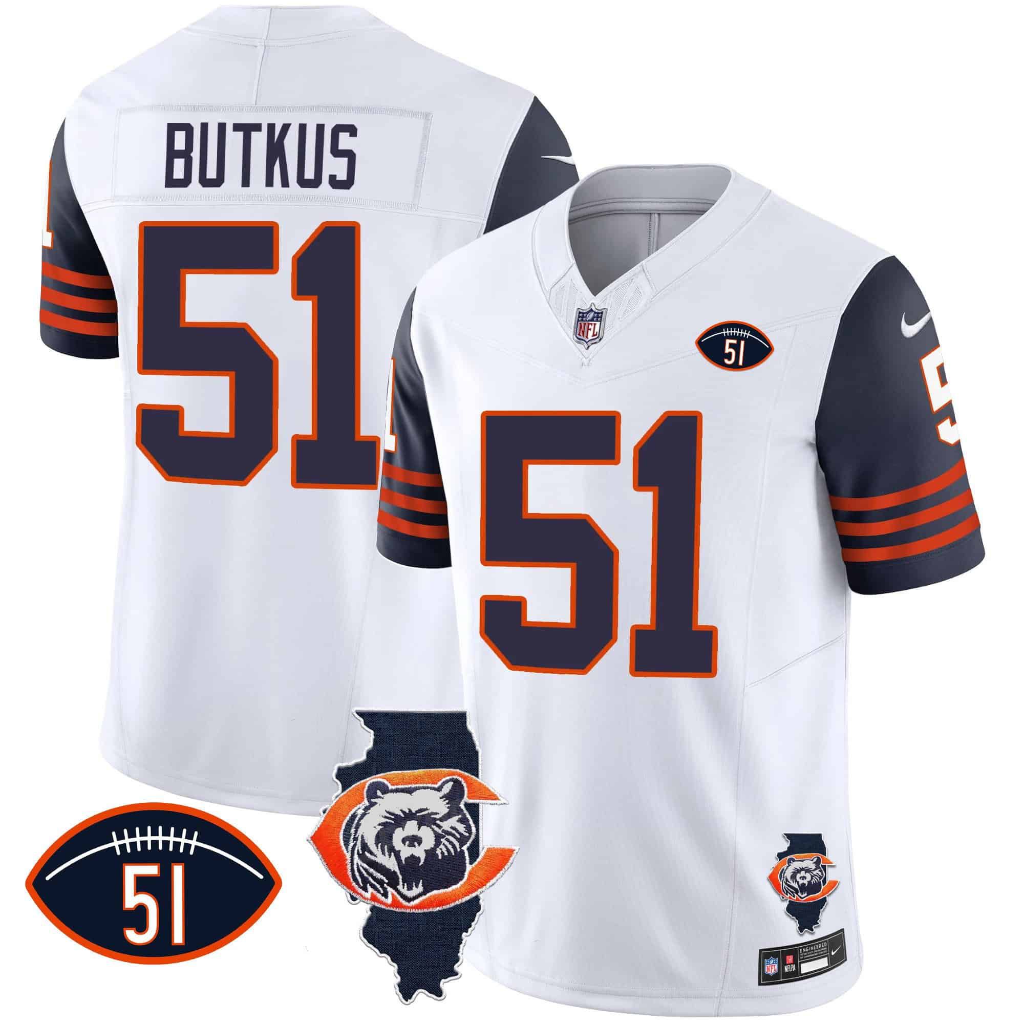 Men Chicago Bears 51 Butkus White 2024 Nike Throwback Illinois Patch Vapor NFL Jersey style 1